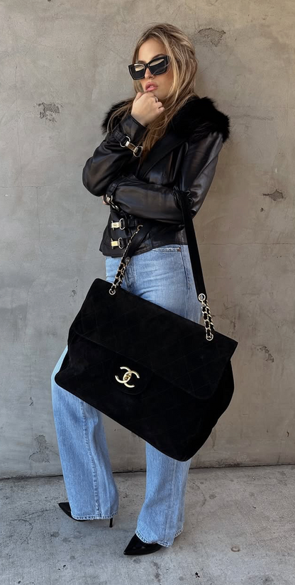 Chanel Black Suede XXL Flap Bag Wtih Gold Hardware
